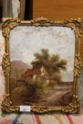 A SMALL GILT FRAMED OIL ON CANVAS LAID ON BOARD OF A WATERMILL COTTAGE