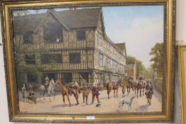 AN OIL ON CANVAS OF A TOWN SCENE WITH CAVALIERS ON FOOT AND HORSEBACK, SIGNED R SIMM LOWER RIGHT,