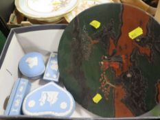 A SMALL TRAY OF WEDGWOOD BLUE JASPER WARE, BOX ORIENTAL HORS D'OEUVRES SET