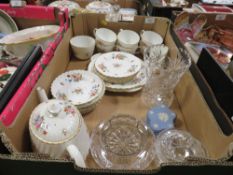 A TRAY OF GLASS AND CERAMICS TO INCLUDE A MINTON MARLOW TEA SET SOME A/F