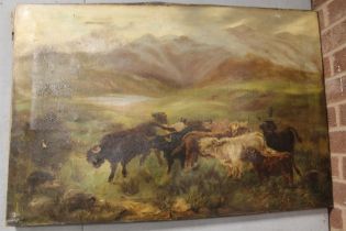 AN UNFRAMED OIL ON CANVAS DEPICTING HIGHLAND CATTLE