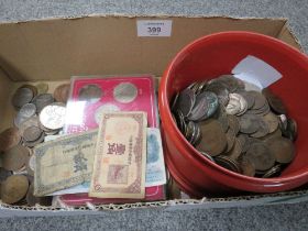 A BOX OF BRITISH AND WORLD COINS AND BANKNOTES