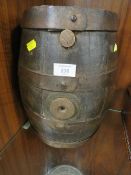 A VINTAGE SMALL COOPERED WOODEN BARREL FOR MERRYDOWN