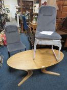 A BOXED PAIR OF KEILA GREY DINING CHAIRS AND A BOXED NATURAL OAK FAWLER COFFEE TABLE * CONTENTS