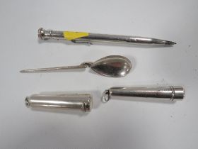 TWO HALLMARKED SILVER CHEROOT HOLDERS TOGETHER WITH A SILVER SPOON AND A HALLMARKED SILVER PENCIL (