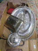 A SILVER PLATED TWIN HANDLED SERVING TRAY WITH A LIDDED CUT GLASS DISH WITH STAND ETC