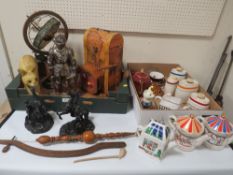 TWO TRAYS OF CERAMICS AND SUNDRIES TO INCLUDE A SADDLER TEA POTS, WADE BARRELS, CHALK TYPE FIGURE OF