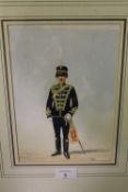 A FRAMED AND GLAZED WATERCOLOUR OF A SOLDIER IN REGIMENTAL UNIFORM, INITIALS WRJ LOWER RIGHT