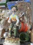 A TRAY OF ASSORTED CERAMICS GLASS AND METAL WARE TO INCLUDE CAPO DI MONTE FIGURE