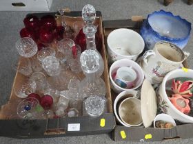 TWO TRAYS OF CERAMICS AND GLASS TO INCLUDE DECANTERS, PORTMEIRION ETC TOGETHER WITH A VINTAGE FUR