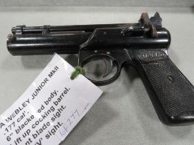 A WEBLEY JUNIOR MK11 .177 CAL 6 " BLACKENED BODY, LIFT UP COCKING BARREL FRONT BLADE SIGHT. REAR "V"