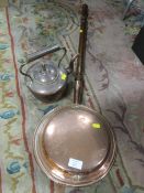A COPPER KETTLE TOGETHER WITH A COPPER WARMING PAN