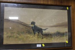 A FRAMED, SIGNED WATERCOLOUR OF A SPORTING DOG