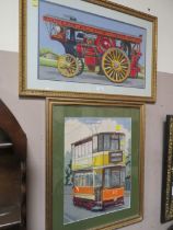 TWO TAPESTRY PICTURE DEPICTING A TRAM AND STEAM ENGINE