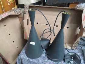 A MATCHING PAIR OF DESIGNER 'TOM DIXON' TALL BLACK PENDANT CEILING LIGHTS