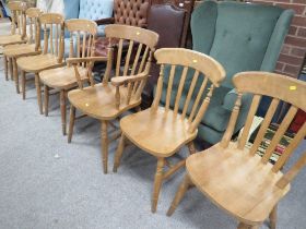 A SET OF SIX PINE KITCHEN CHAIRS TOGETHER WITH A CARVER (7)