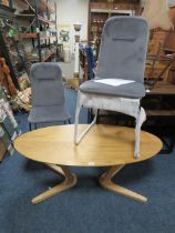 A BOXED PAIR OF KEILA GREY DINING CHAIRS AND A BOXED NATURAL OAK FAWLER COFFEE TABLE * CONTENTS