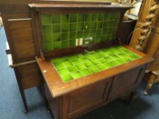 AN EDWARDIAN MAHOGANY AND INLAID WASHSTAND WITH TILED BACK