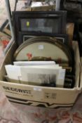 A BOX OF ASSORTED PICTURES, PRINTS AND ENGRAVINGS