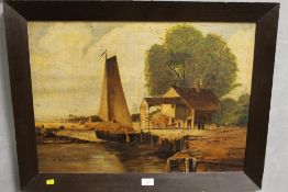A LATE 19TH / EARLY 20TH CENTURY NAIVE CONTINENTAL RIVER LANDSCAPE WITH BOAT, BUILDING, HORSE & CART