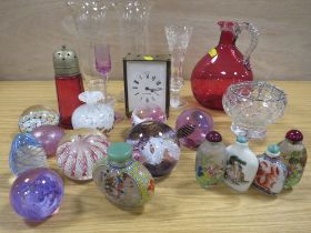 A TRAY OF ASSORTED GLASS PAPERWEIGHTS, CRANBERRY SIFTER. CLOCK ETC