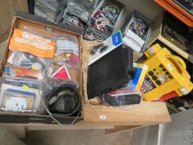 TWO TRAYS OF ELECTRIC SWITCHES , AUTO PARTS, TOOLS AND A CAR STARTER