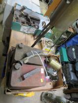 A SELECTION OF VINTAGE ITEMS TO INCLUDE ESSO FUEL CAN, PARAFFIN TORCHES, A MEAT JACK AND BLOCK