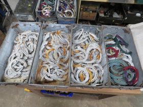 FOUR GALVANIZED TOTE BOXES / TRAYS OF HORSESHOES