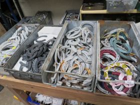 FOUR GALVANIZED TOTE BOXES / TRAYS OF HORSESHOES