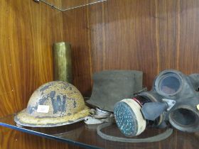A QUANTITY OF MILITARY ITEMS TO INCLUDE WARDENS TIN HAT, GAS MASK ETC