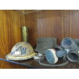 A QUANTITY OF MILITARY ITEMS TO INCLUDE WARDENS TIN HAT, GAS MASK ETC