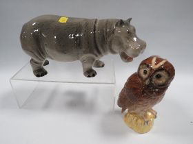 A DOULTON OWL TOGETHER WITH A MELBAWARE HIPPO