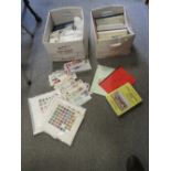BOX WITH LARGE QUANTITY OF STAMPS ON PAGES, IN PACKETS AND TINS MUCH EARLIER AND A BOX OF POSTAL
