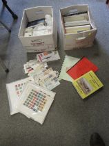 BOX WITH LARGE QUANTITY OF STAMPS ON PAGES, IN PACKETS AND TINS MUCH EARLIER AND A BOX OF POSTAL