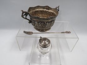 A HALLMARKED SILVER TOPPED GLASS MUSTARD POT ALONG WITH AN EASTERN WHITE METAL TWIN HANDLED BOWL AND