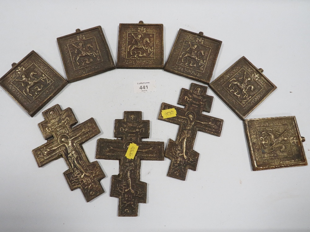 A COLLECTION OF SIX CAST METAL RELIGIOUS PLAQUES TOGETHER WITH THREE SIMILAR CROSSES