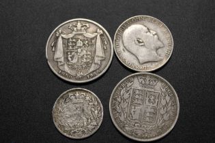 A 1836 HALF CROWN TOGETHER WITH THREE OTHER ANTIQUE SILVER COINS