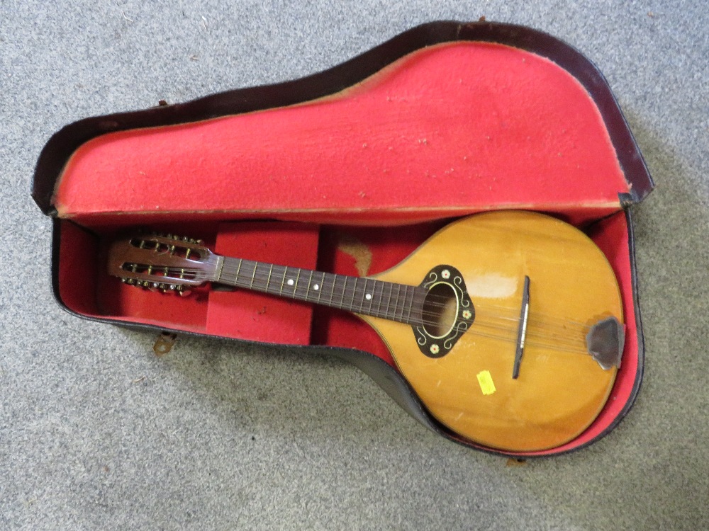 A CASED 8 STRING MANDOLIN STYLE INSTRUMENT