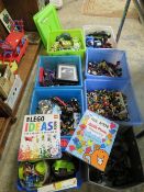 A LARGE QUANTITY OF TOYS OVER SEVERAL BOXES TO INCLUDE LEGO, BATMAN ETC