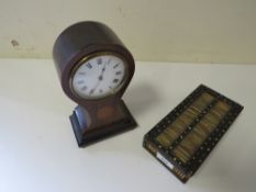AN INLAID VINTAGE BALLOON MANTLE CLOCK TOGETHER WITH A P-O-W PORCUPINE QUILL BOX