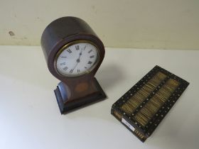 AN INLAID VINTAGE BALLOON MANTLE CLOCK TOGETHER WITH A P-O-W PORCUPINE QUILL BOX