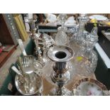 A TRAY OF GLASS AND SILVER PLATED WARE TO INCLUDE CANDLESTICKS AND DECANTER