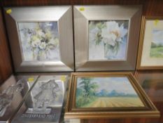 A COLLECTION OF PICTURES TO INCLUDE A PAIR OF METAL PLAQUES, A PAIR OF FLORAL PRINTS, SMALL OIL ON
