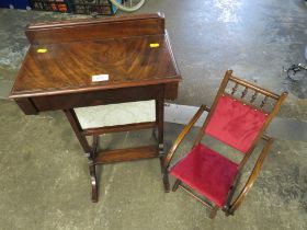 A SMALL MAHOGANY WORK TABLE & A CHILDS FOLDING CHAIR (2)