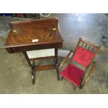 A SMALL MAHOGANY WORK TABLE & A CHILDS FOLDING CHAIR (2)