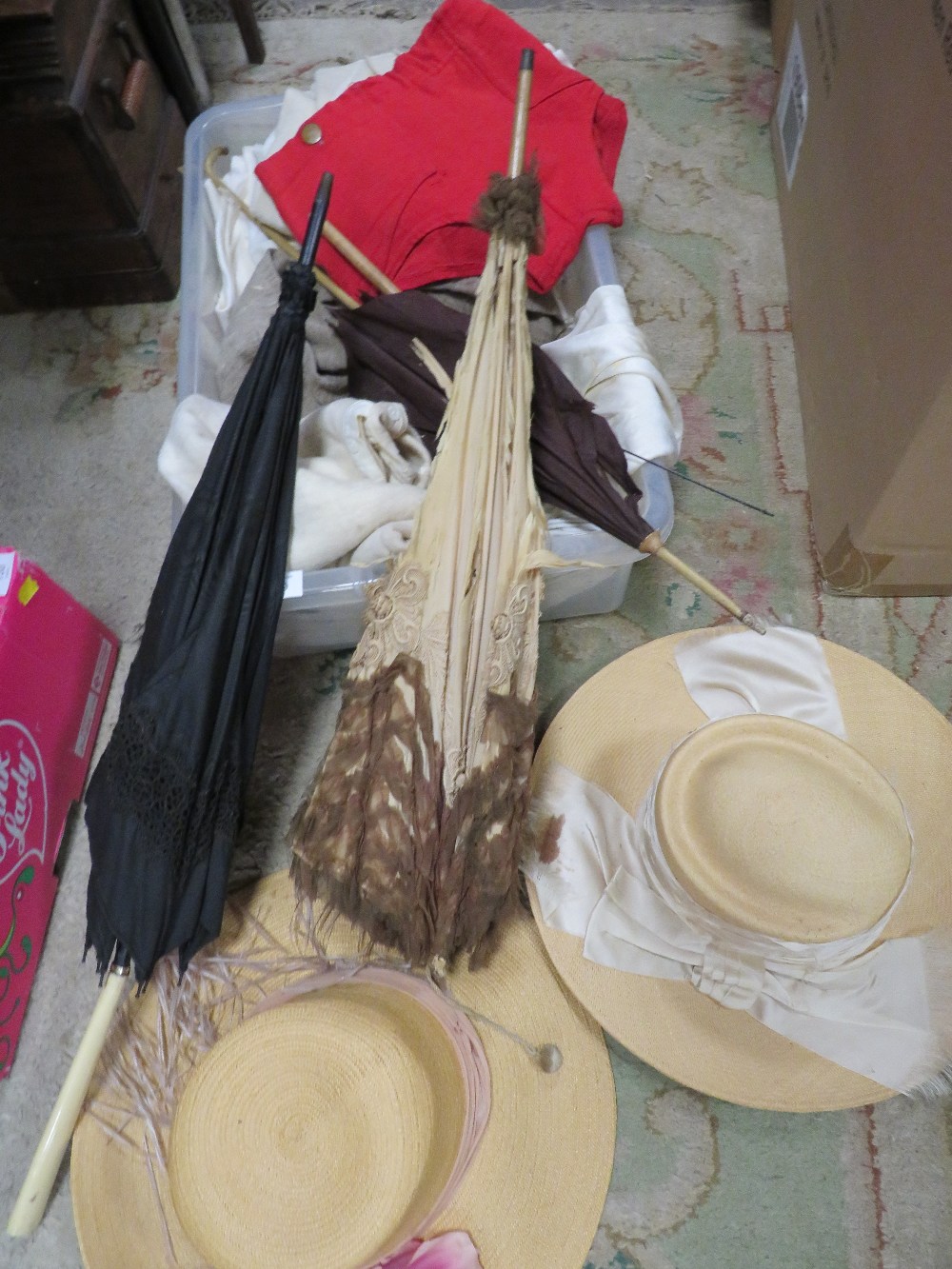 A TRAY OF VINTAGE CLOTHING AND ACCESSORIES TO INCLUDE A PARASOL