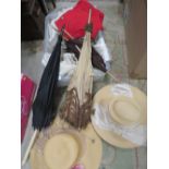 A TRAY OF VINTAGE CLOTHING AND ACCESSORIES TO INCLUDE A PARASOL