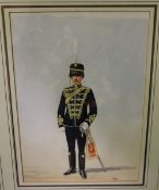 A FRAMED AND GLAZED WATERCOLOUR OF A SOLDIER IN REGIMENTAL UNIFORM, INITIALS WRJ LOWER RIGHT
