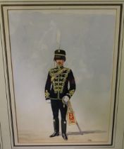 A FRAMED AND GLAZED WATERCOLOUR OF A SOLDIER IN REGIMENTAL UNIFORM, INITIALS WRJ LOWER RIGHT