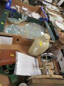 THREE TRAYS OF ASSORTED CERAMICS AND SUNDRIES TO INCLUDE A SLICING MACHINE
